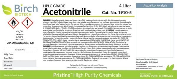 Pristine Acetonitrile Alcohol HPLC Grade 4 x 4 Liter - Image 2