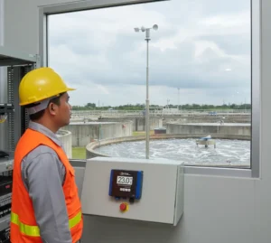 Teknisi Indonesia memantau kecepatan angin pada unit anemometer PCE-WSAC 50+ 230 di panel kontrol instalasi pengolahan air limbah dengan sensor angin terpasang di luar ruangan.