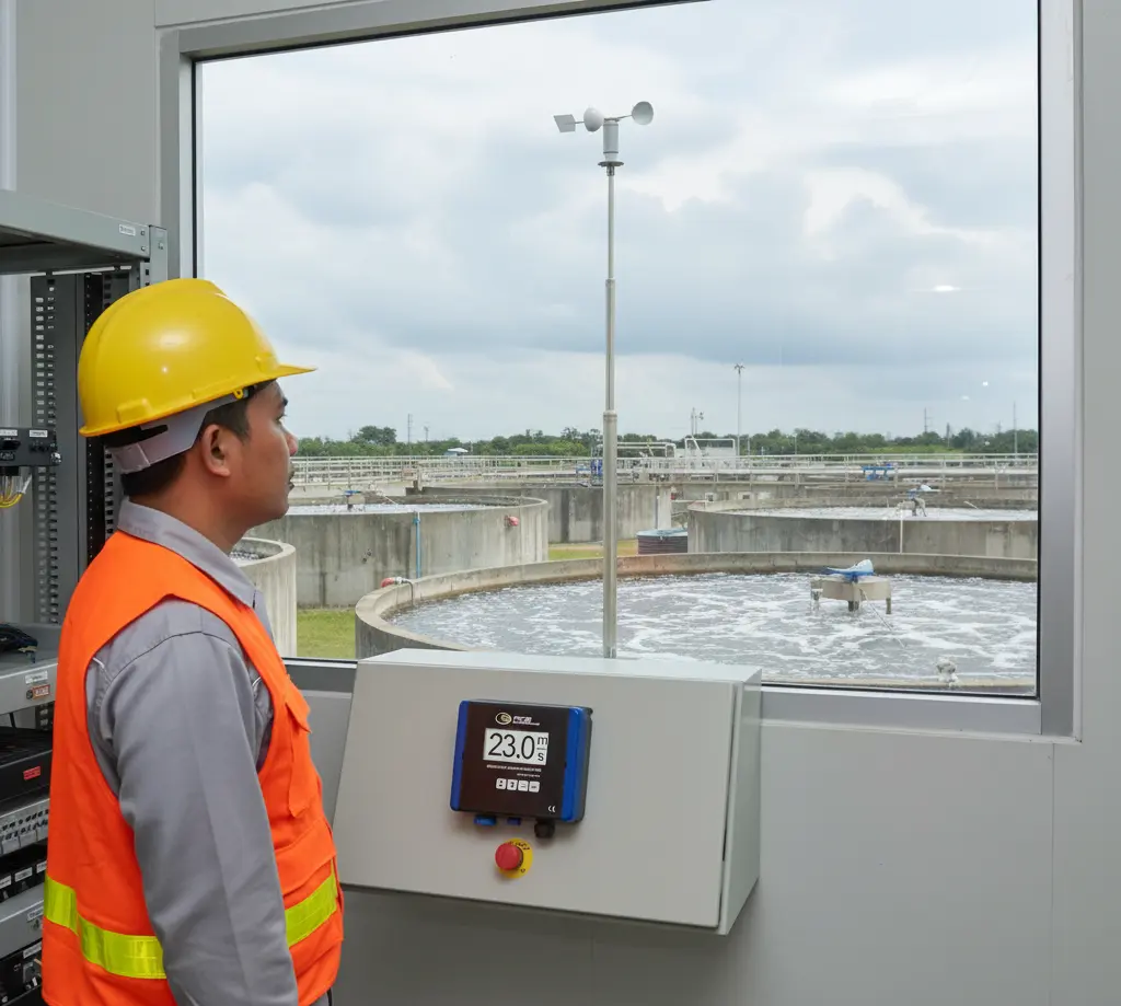 Teknisi Indonesia memantau kecepatan angin pada unit anemometer PCE-WSAC 50+ 230 di panel kontrol instalasi pengolahan air limbah dengan sensor angin terpasang di luar ruangan.