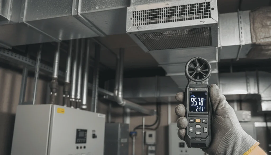 Tangan mengoperasikan anemometer digital modern, menunjukkan akurasi pengukuran angin untuk alat ukur terbaik.