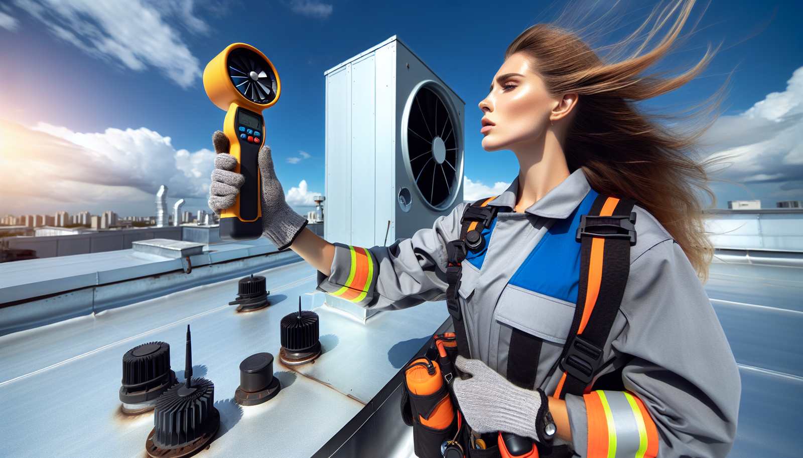 Correct Anemometer Handling for Accurate Results Teknisi profesional memegang anemometer digital dengan lengan terentang untuk pengukuran yang akurat di atap gedung.