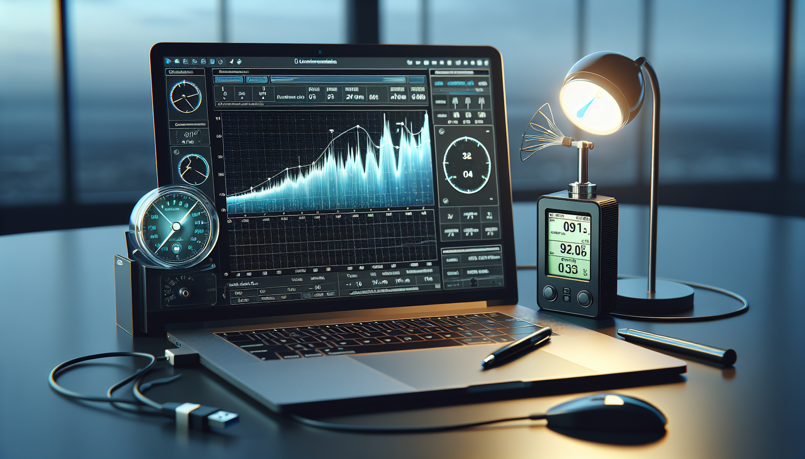 Advanced Wind Data Analysis with Data Logging Anemometer dengan data logging terhubung ke laptop yang menampilkan grafik analisis data kecepatan angin dari waktu ke waktu.