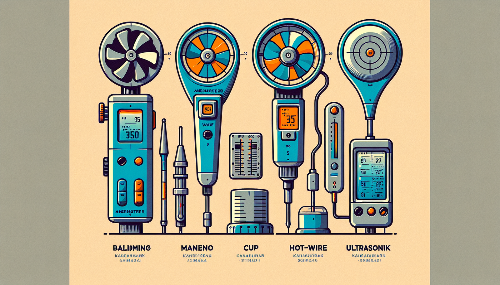 Ragam Jenis Anemometer Digital Ilustrasi empat jenis anemometer digital: Baling-Baling, Mangkuk, Kawat Panas, dan Ultrasonik.