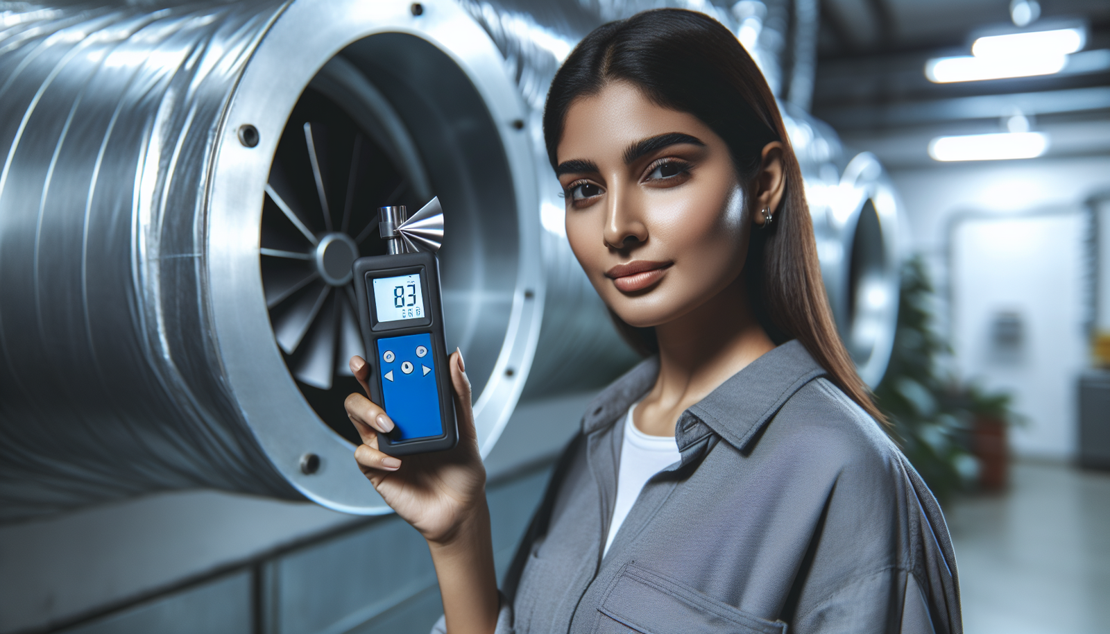 A professional technician in a clean, modern industrial setting, holding a digital vane anemometer to measure airflow from a large HVAC duct. The focus is on the technician's confident expression and the clear, brightly lit digital display of the device showing a stable reading.