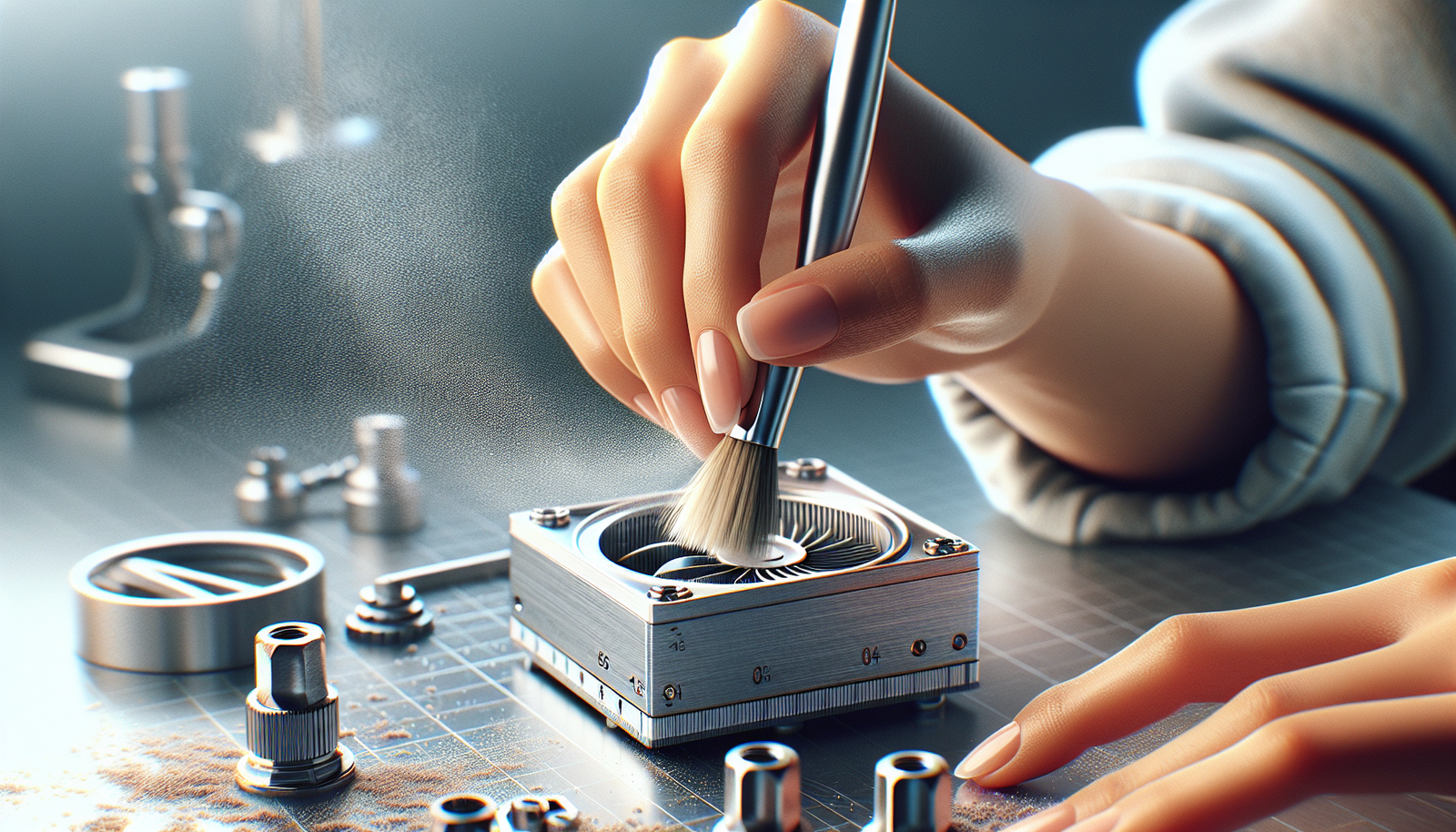 A detailed close-up, macro shot of a hand carefully cleaning the delicate vanes of a digital anemometer sensor. The hand is using a very soft, fine-bristled brush to gently sweep away dust particles. The background is a clean, well-lit workbench, creating a mood of precision and careful maintenance.