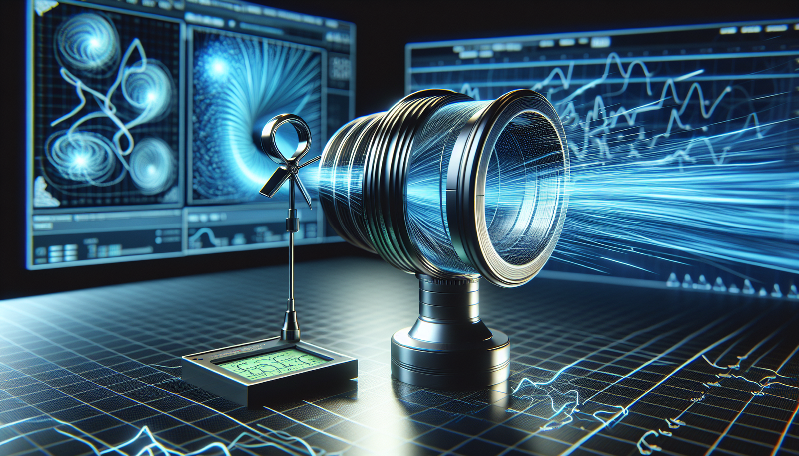 A digital anemometer is securely mounted inside a sleek, futuristic wind tunnel. Stylized, glowing blue lines represent the controlled airflow passing over the sensor. In the background, out of focus, a computer screen displays complex graphs and data, symbolizing the high-tech calibration process.