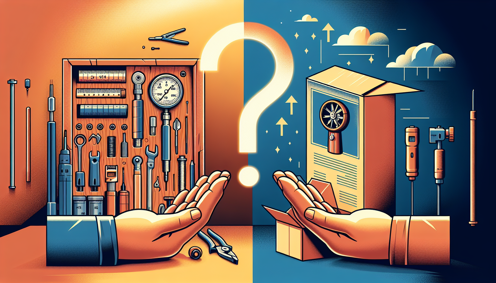 A split-screen illustration. On the left, a technician's hands are carefully working on a disassembled anemometer with small tools, representing repair. On the right, a brand new, modern anemometer is shown in its pristine packaging. A subtle, glowing question mark hovers in the middle, symbolizing the decision.