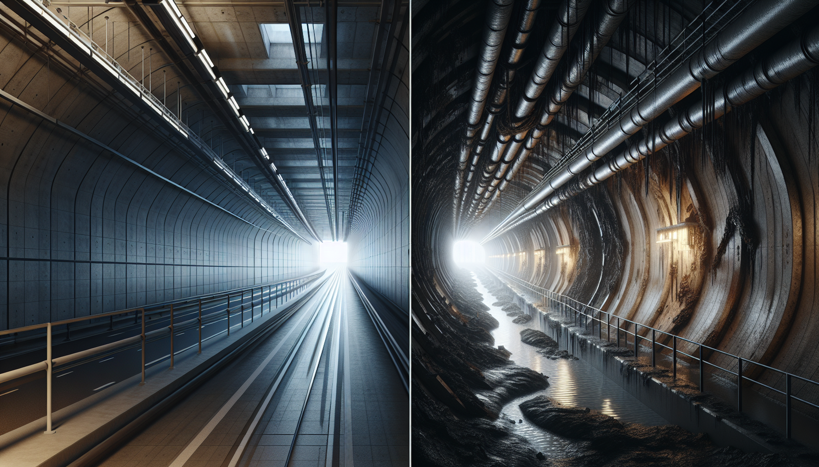 The Consequence of Coating Failure in Tunnels A dramatic, split-screen cinematic photo. The left side shows a modern, well-lit tunnel interior with smooth concrete walls and perfectly coated, pristine steel support beams. The right side shows the same tunnel in a state of decay: dark, damp, with water streaks, rust stains bleeding from peeling paint on the steel beams, and cracked concrete revealing corroded rebar. Style: photorealistic, high-contrast, dramatic lighting, emphasizing the difference between safety and structural failure.