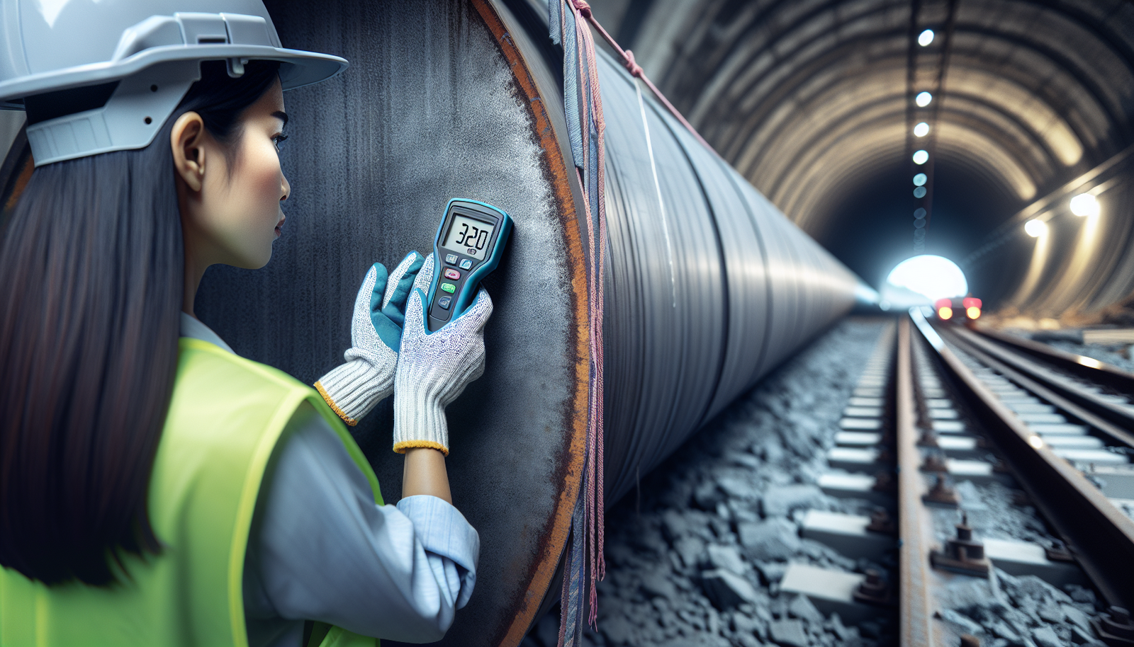 Precision Inspection with a Coating Thickness Meter A professional, close-up shot focusing on a quality control inspector's hands. The inspector, wearing a high-visibility vest and hard hat, is pressing a modern digital coating thickness meter against a large, grey-coated steel I-beam inside a tunnel under construction. The device's screen is illuminated, showing a clear numerical reading. The background is slightly blurred, showing the industrial tunnel environment. Style: photorealistic, clean, sharp focus, professional tone.