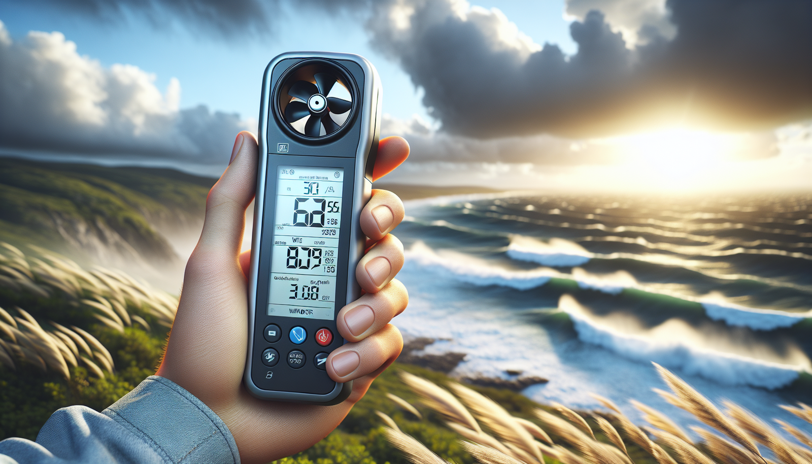 Precision Wind Measurement Technology A close-up, cinematic shot of a modern, sleek digital handheld anemometer. The device is held by a hand, and its LCD screen clearly displays a wind speed reading. The background is a slightly blurred but dramatic landscape of a coastline with waves and wind-swept grass, under a dynamic sky. The overall style is photorealistic, professional, and highlights the precision of technology against the power of nature.