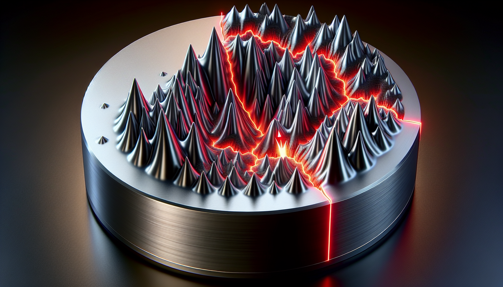 Stress Concentration on a Microscopic Scale A highly detailed, magnified, cross-section view of a metallic aircraft component. The top surface appears smooth to the naked eye, but a microscopic zoom reveals a landscape of sharp peaks and valleys. Red glowing lines representing stress flow are shown being dangerously concentrated at the bottom of a microscopic scratch (a valley), highlighting the point of stress concentration where a tiny crack is beginning to form.