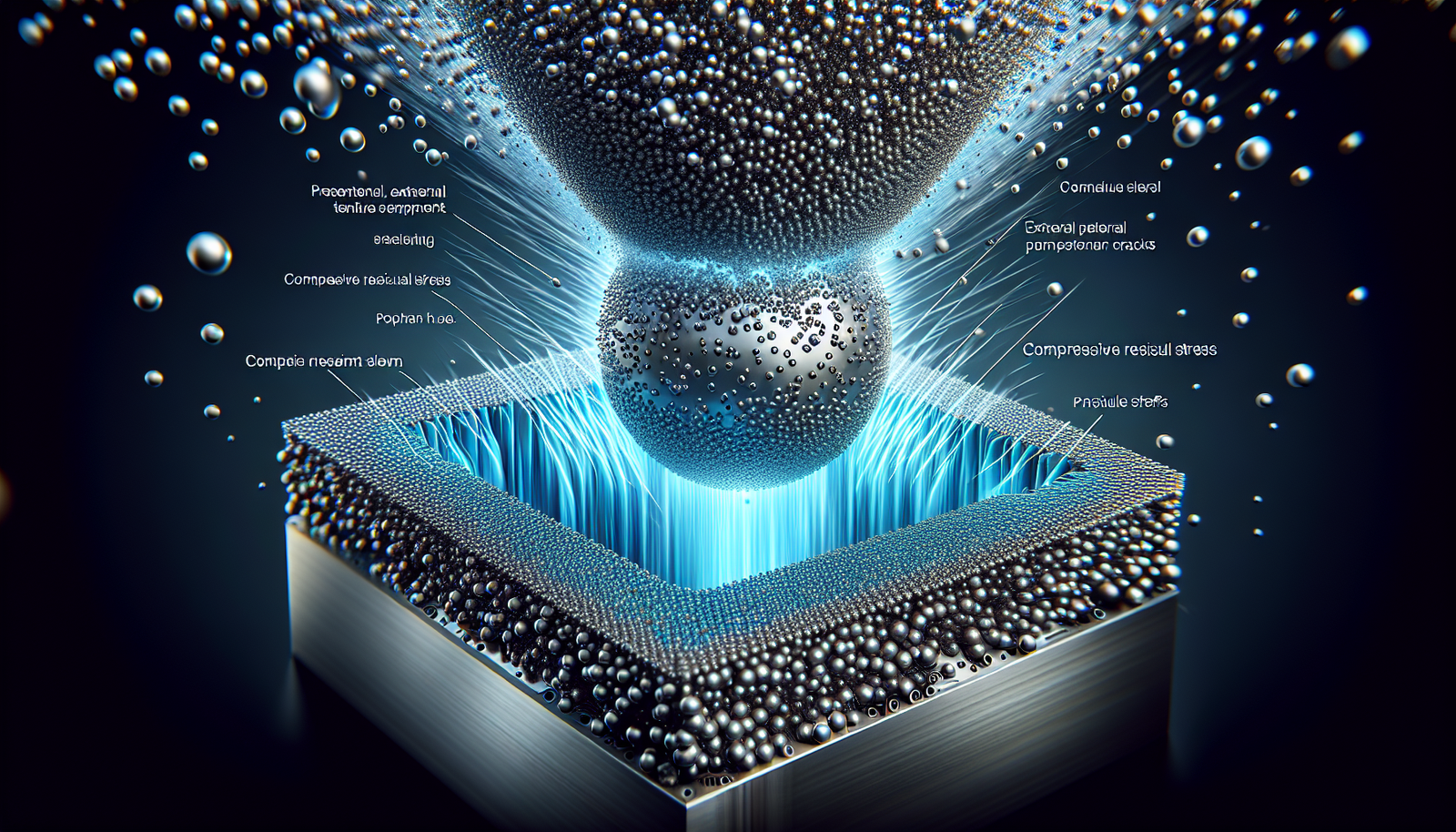 The Power of Shot Peening A dynamic and powerful illustration of the shot peening process. Millions of tiny, metallic spheres are seen bombarding the surface of a generic aerospace component at high velocity. A cutaway view of the component reveals a glowing blue layer just beneath the surface, labeled 'Compressive Residual Stress', which acts as a protective shield, preventing external tensile stresses from opening up cracks.