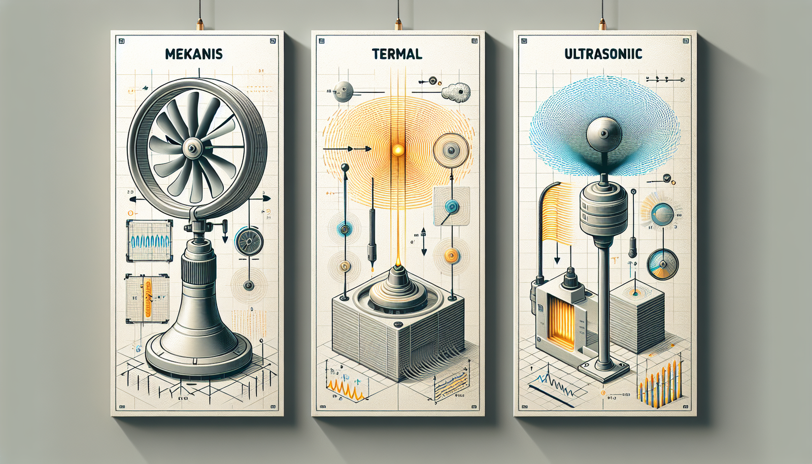 Comparing Anemometer Sensor Technologies A clean, technical triptych illustration on a light grey background, showcasing three types of anemometer technology side-by-side. Left panel: A classic mechanical cup anemometer with arrows indicating rotation. Middle panel: A close-up of a thermal hot-wire sensor with a glowing filament and airflow lines passing over it. Right panel: A modern, static ultrasonic anemometer with stylized sound waves traveling between its sensors. Each panel is clearly labeled 'Mekanis', 'Termal', and 'Ultrasonik'. Style: clean 3D render, infographic, educational.