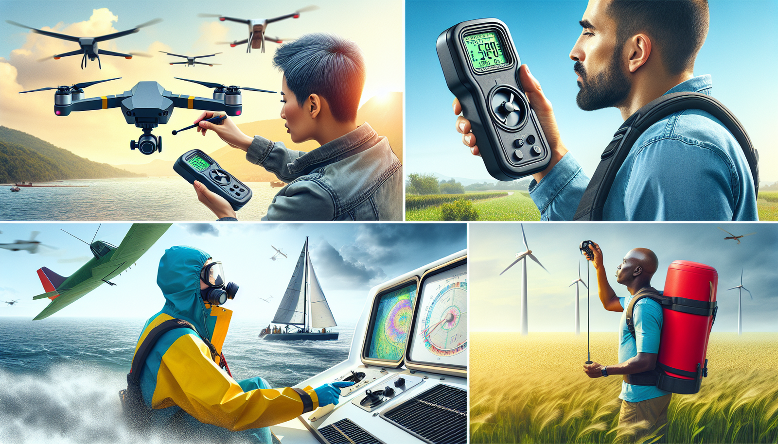Anemometers in Action: Choosing for Your Needs A dynamic composite image showcasing four different applications of anemometers. Top-left: A drone pilot checking a compact handheld anemometer before flight, with the drone in the background. Top-right: An HVAC technician inserting a probe anemometer into an air vent. Bottom-left: A sailor on a boat using a rugged, waterproof anemometer to check wind conditions. Bottom-right: A farmer in a field using an anemometer to decide on the best time for crop spraying. Style: bright, photorealistic, action-oriented, showcasing diverse environments.