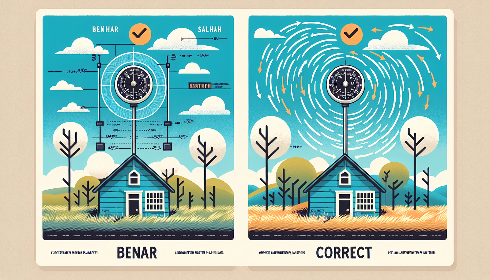 The Importance of Correct Anemometer Placement An educational illustration contrasting correct and incorrect anemometer placement. The left side shows an anemometer placed correctly on a tall mast in an open field, far from obstacles, labeled 'Benar' (Correct). The right side shows an anemometer placed too close to a house and trees, with turbulent wind flow lines swirling around it, labeled 'Salah' (Incorrect). The image should clearly visualize the concept of siting errors and their impact on data accuracy. Style: clear, simple flat design, infographic-style.