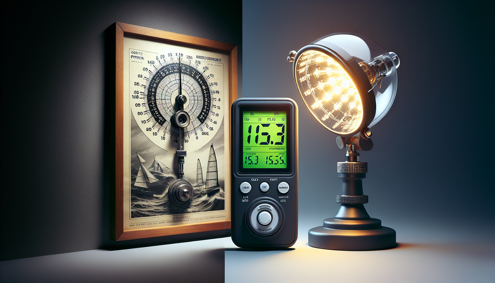 Digital Precision vs. Analog Ambiguity Perbandingan antara anemometer analog yang tidak presisi dan anemometer digital dengan layar LCD yang jelas menunjukkan pembacaan akurat.