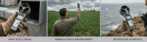 Tiga contoh penggunaan anemometer digital di dunia nyata: teknisi HVAC, ahli agronomi di lapangan, dan penggunaan rekreasi/drone di pesisir, ditampilkan dalam format kolase foto dokumenter.