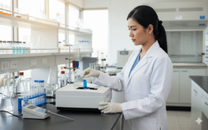 Indonesian female scientist in a white lab coat using the MTAST AMV03 Visible Spectrophotometer, inserting a cuvette with blue liquid
