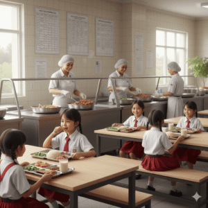 Indonesian school children receiving nutritious meals in a clean cafeteria setting(1)