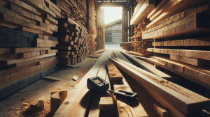 Tumpukan papan kayu yang dikeringkan di gudang dengan meteran kelembaban, kunci durabilitas dan kekuatan kayu.