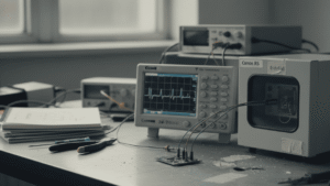 Pengujian keandalan komponen elektronik di laboratorium, menampilkan papan sirkuit yang terhubung ke instrumen ukur seperti osiloskop dan thermal chamber dalam proses validasi desain.