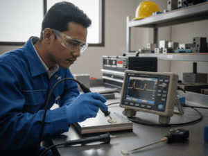 Indonesian NDT engineer operating a Novotest ultrasonic flaw detector on a layered steel:composite panel, straight-beam and angle-beam probes