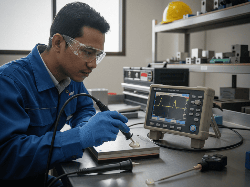 Indonesian NDT engineer operating a Novotest ultrasonic flaw detector on a layered steel:composite panel, straight-beam and angle-beam probes