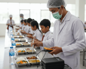 Indonesian food safety technician checking temperature and pH of a nutritious school meal tray in a clean cafeteria(1)