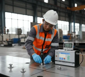 Teknisi Indonesia melakukan uji tarik-lepas coating epoksi di bak aerasi menggunakan PCE-AAT 500 dengan head self-aligning; layar sentuh 4,8 inci menampilkan proses uji; alat dan cutting tool tampak jelas.