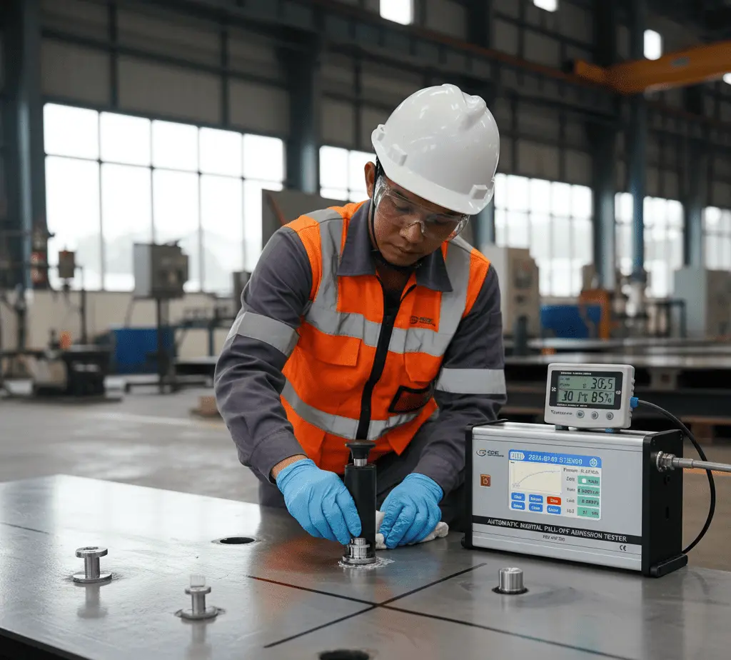 Teknisi Indonesia melakukan uji tarik-lepas coating epoksi di bak aerasi menggunakan PCE-AAT 500 dengan head self-aligning; layar sentuh 4,8 inci menampilkan proses uji; alat dan cutting tool tampak jelas.