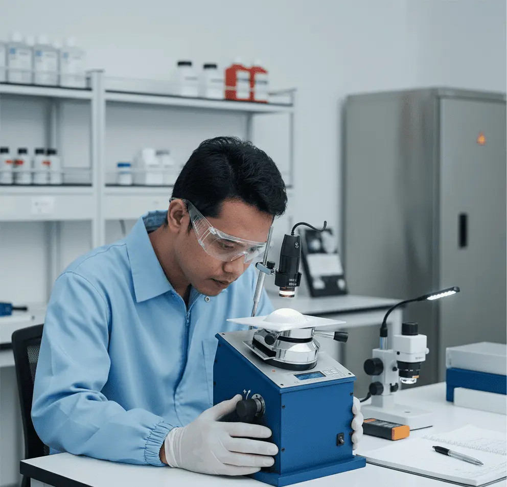 Teknisi Indonesia menguji panel baja berlapis epoxy menggunakan PCE-CPT 20; puncak tonjolan (cupping) terlihat jelas di bawah mikroskop berlampu dengan skala pembacaan 0,01 mm.