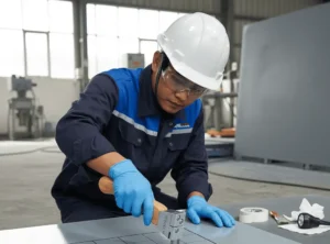 Teknisi QA/QC melakukan uji adhesi cross-cut pada pipa baja berlapis epoksi menggunakan PCE-CRC 10 di fasilitas pengolahan air, menilai daya lekat sesuai ISO 2409/ASTM D3359.