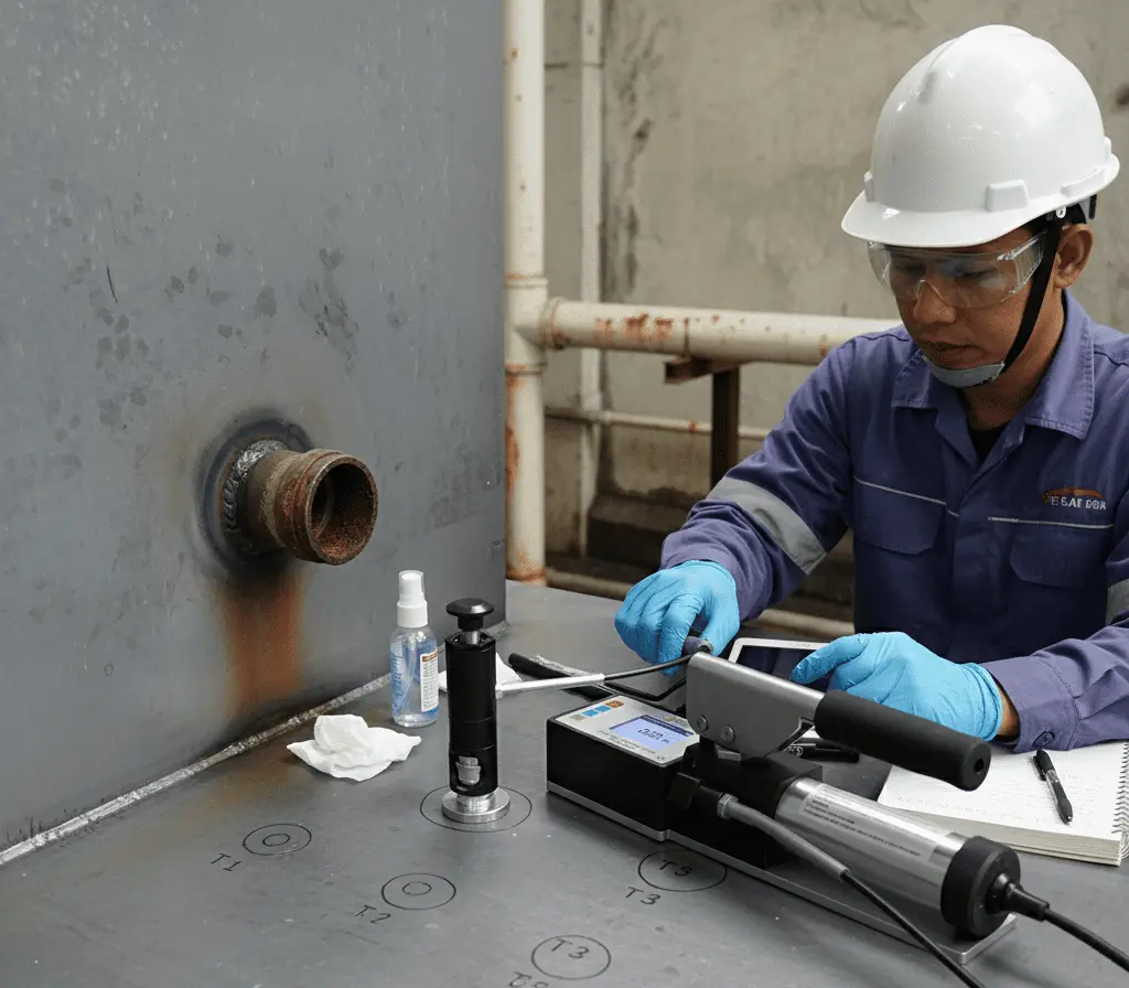 Teknisi Indonesia melakukan pull-off test menggunakan PCE-DAT 500 pada dinding tangki epoxy di fasilitas WTP, menampilkan layar LCD dan kepala ukur self-aligning.