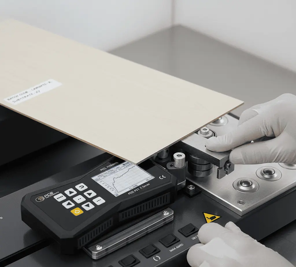 Teknisi Indonesia menguji gaya peel pada panel laminated menggunakan PCE-PST 1 X; layar LCD 2,8 inci menampilkan kurva gaya; test stand dengan ball rollers; lingkungan produksi F&B yang bersih.