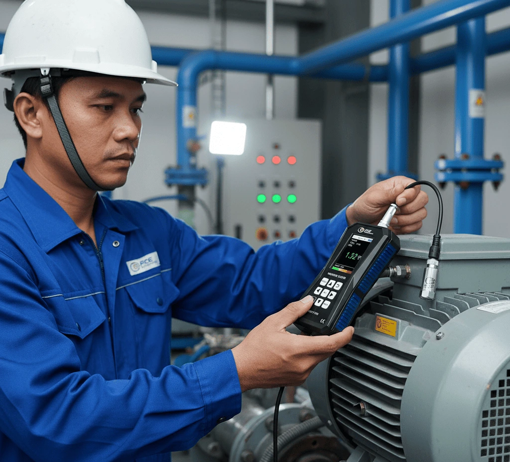 Foto produk Accelerometer PCE-VT 3700 menampilkan unit utama dengan layar grafis warna menampilkan data getaran dan sensor berkabel spiral dengan adapter magnet, diletakkan di bengkel industri.
