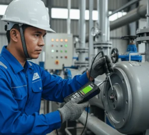 Vibration analyzer portabel PCE-VT 3700S sedang digunakan oleh teknisi untuk memeriksa getaran motor pompa di pabrik pengolahan air