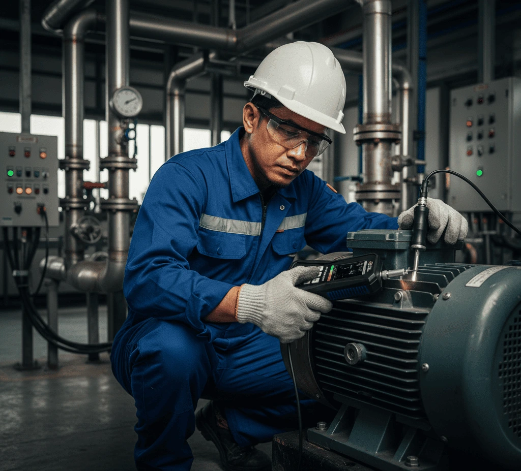 Teknisi industri menggunakan Accelerometer PCE-VT 3700S-ICA untuk mengukur getaran pompa di pabrik pengolahan air