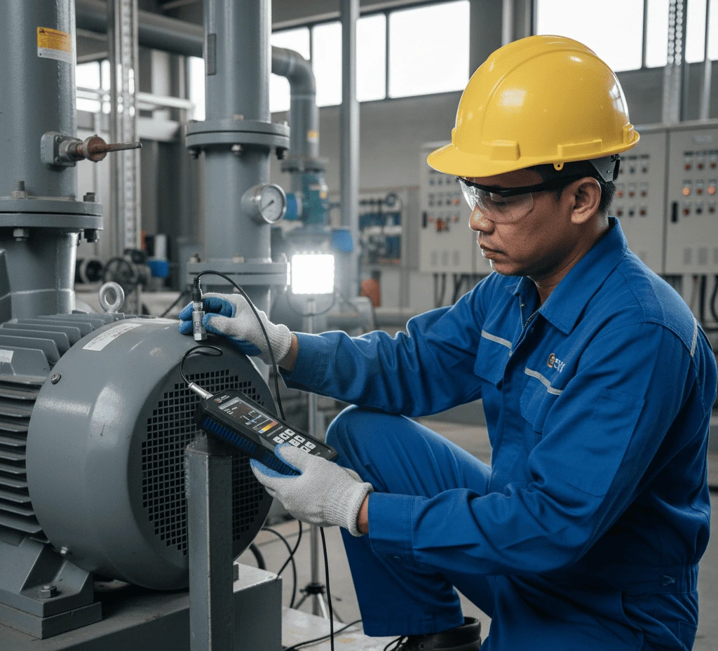 Foto teknisi industri Indonesia menggunakan accelerometer PCE-VT 3750 untuk mengukur getaran motor pompa di plant pengolahan air
