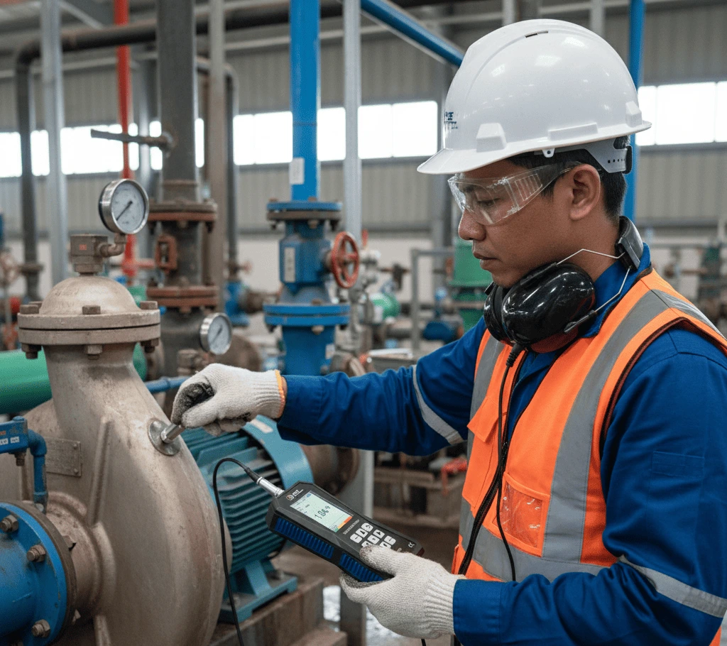 teknisi Indonesia mengukur getaran pompa di WWTP menggunakan PCE-VT 3850; sensor magnet terpasang; layar LC 2,8 inci menampilkan nilai RMS kecepatan dalam mm/s.
