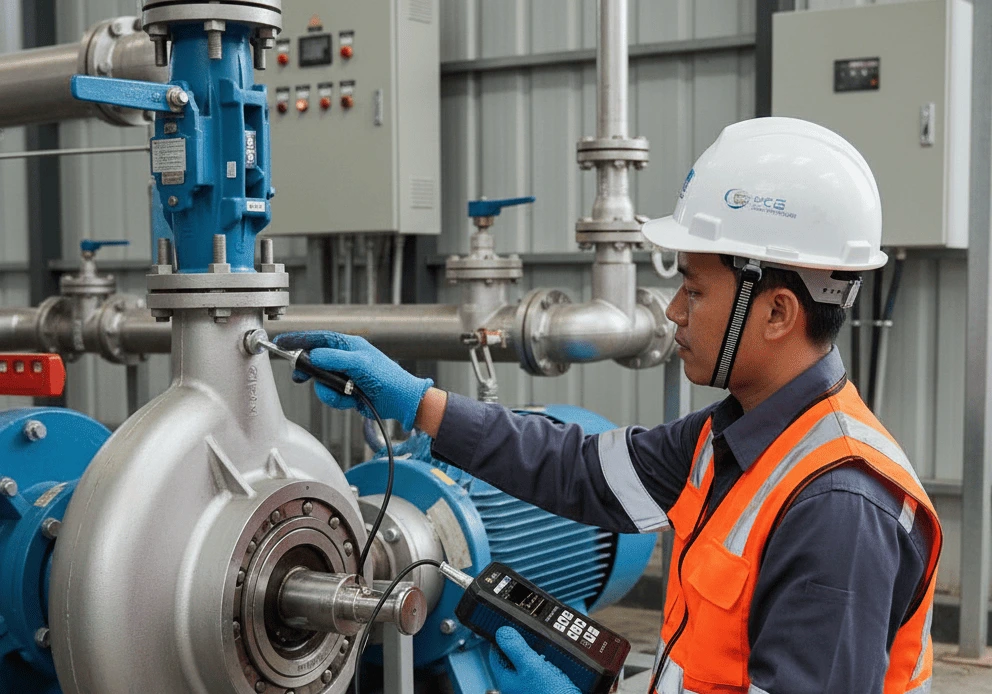 Teknisi Indonesia mengukur kecepatan getaran pompa sentrifugal di fasilitas pengolahan air minum menggunakan PCE-VT 3900S-ICA dengan sensor berhandgrip dan magnet; layar 2,8 inci menampilkan nilai RMS.