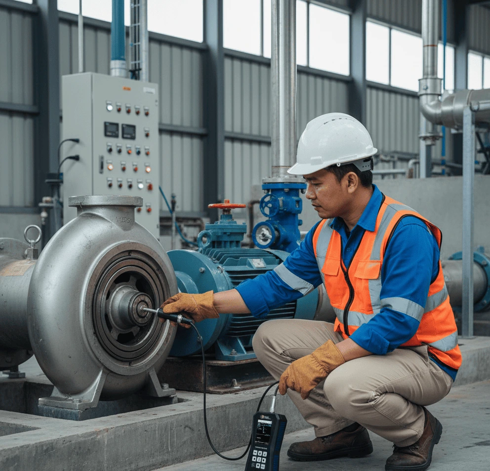 teknisi Indonesia memasang accelerometer PCE-VT 3900S pada housing bearing pompa WWTP, kabel sensor terhubung ke vibrometer PCE-VT 3900 untuk membaca velocity RMS.