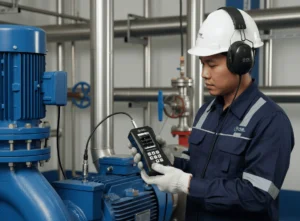 teknisi Indonesia mengukur getaran pompa di instalasi pengolahan air menggunakan PCE-VT 3950; sensor bermagnet menempel pada housing, layar 2.8 inci menampilkan RMS velocity.