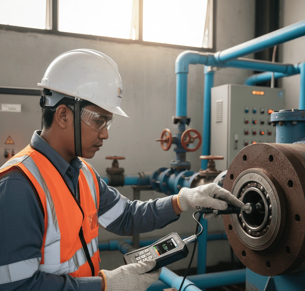 Teknisi Indonesia mengukur getaran blower aerasi di instalasi pengolahan air limbah menggunakan PCE-VT 3800S; sensor bermagnet menempel pada housing bearing dan layar 2,8 inci menampilkan kecepatan RMS, dengan latar pipa dan panel kontrol.