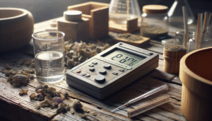 TDS meter on a rustic bench with herbs, illustrating its role in ensuring quality herbal products.