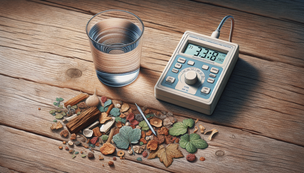 TDS meter on a rustic bench with dried herbal ingredients, illustrating quality testing of dry herbal products.