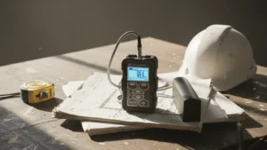 A NOVOTEST concrete cover meter on a construction engineer's desk with blueprints, tools, and rebar sample