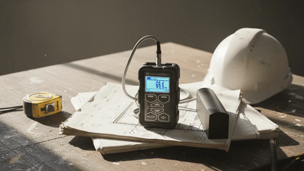 A NOVOTEST concrete cover meter on a construction engineer's desk with blueprints, tools, and rebar sample