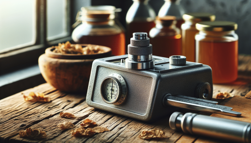Refractometer on a workbench with natural honey jars and dried herbs, depicting honey & herbal quality control.