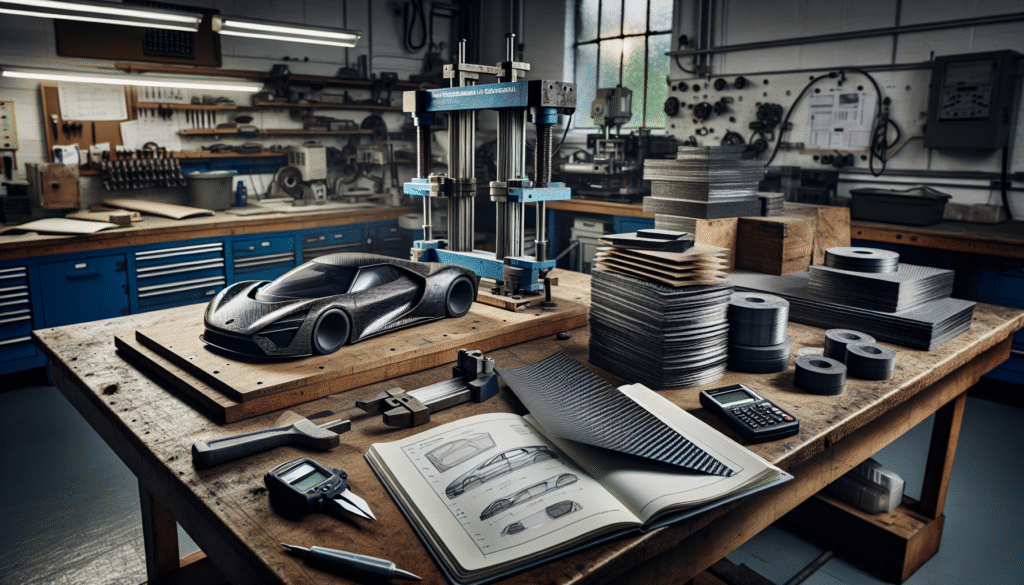 Workbench di lab material menampilkan serat karbon, panel komposit otomotif, dan sampel material komposit yang diuji kekuatan.