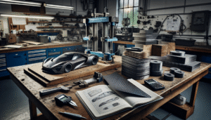 Workbench di lab material menampilkan serat karbon, panel komposit otomotif, dan sampel material komposit yang diuji kekuatan.